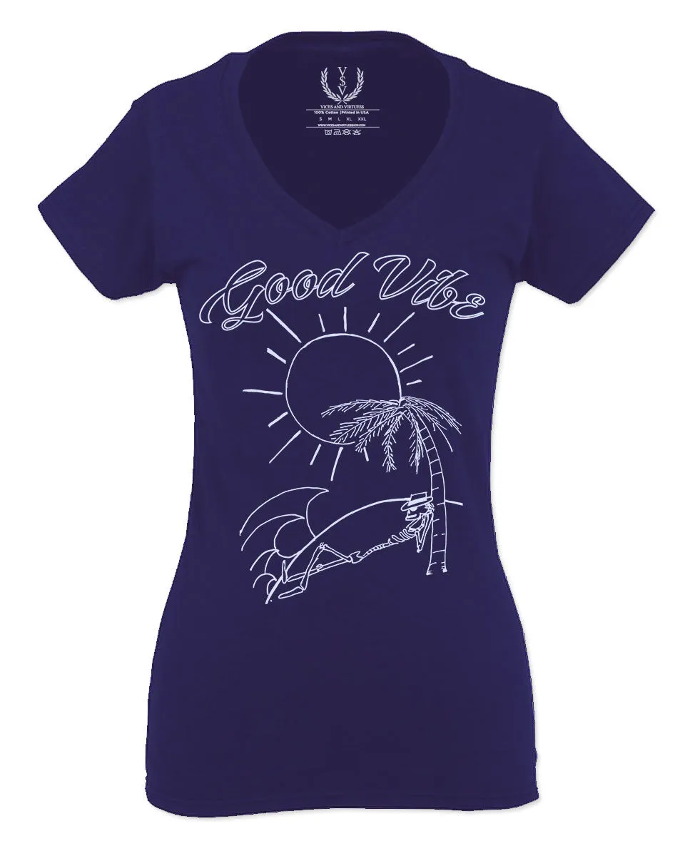 Good Vibe Summer Vintage Retro Beach surf Palm Tree Vacation Skeleton For Women V neck fitted T Shirt