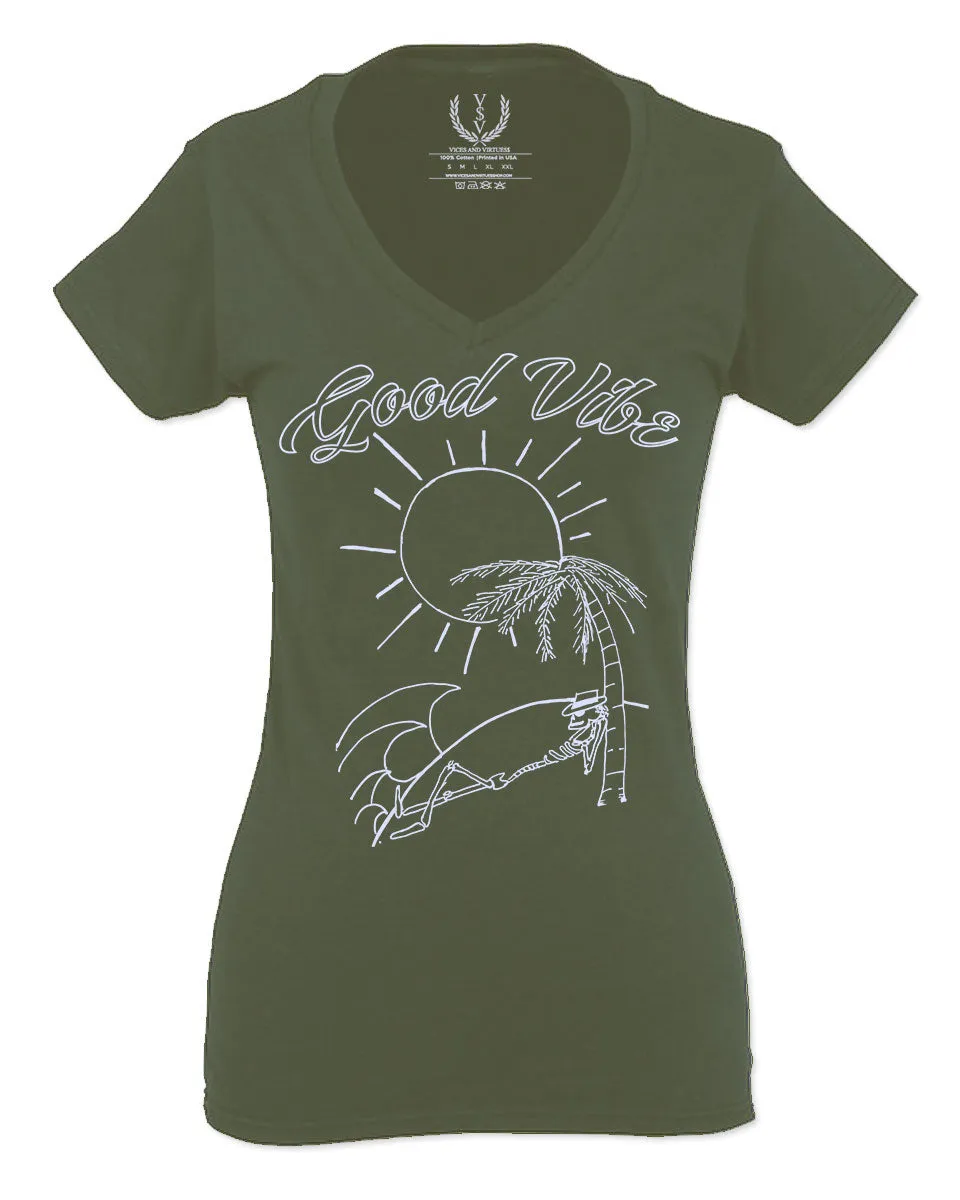 Good Vibe Summer Vintage Retro Beach surf Palm Tree Vacation Skeleton For Women V neck fitted T Shirt