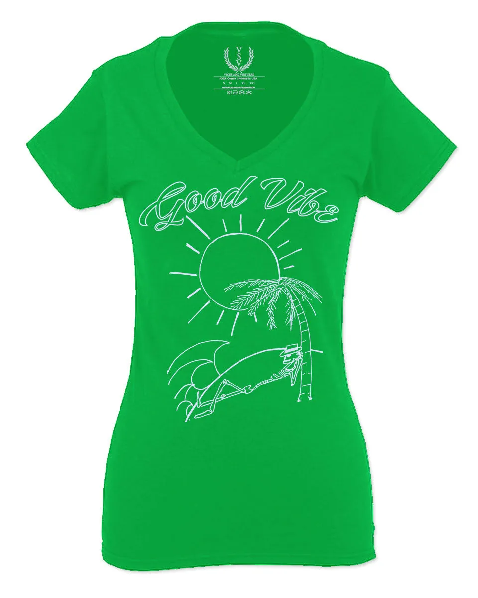Good Vibe Summer Vintage Retro Beach surf Palm Tree Vacation Skeleton For Women V neck fitted T Shirt