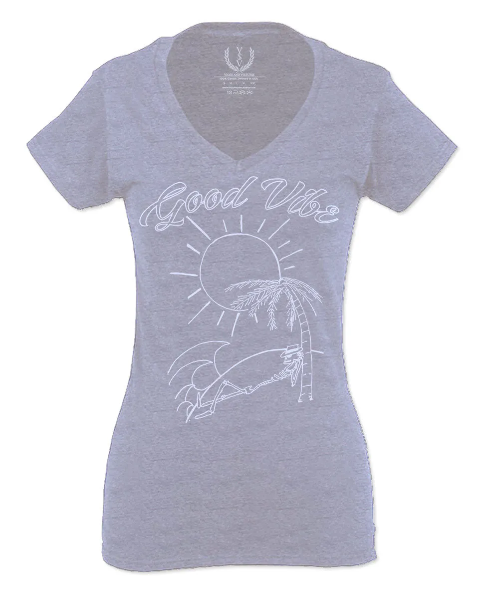 Good Vibe Summer Vintage Retro Beach surf Palm Tree Vacation Skeleton For Women V neck fitted T Shirt