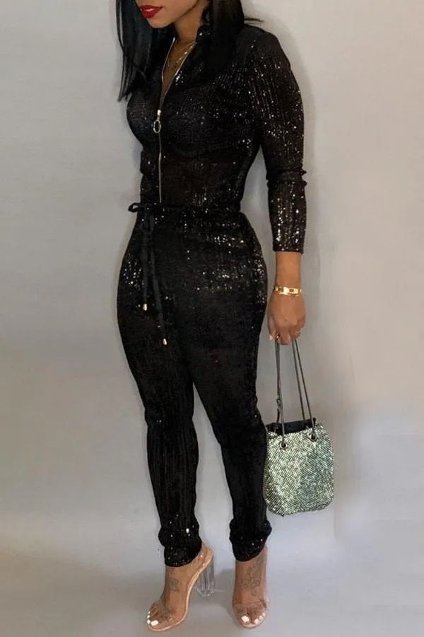 Goosudu Solid Sequin Zip Collar Drawstring Plus Size Jumpsuit