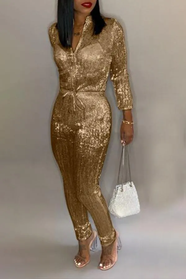 Goosudu Solid Sequin Zip Collar Drawstring Plus Size Jumpsuit