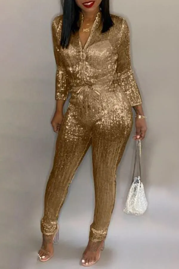 Goosudu Solid Sequin Zip Collar Drawstring Plus Size Jumpsuit