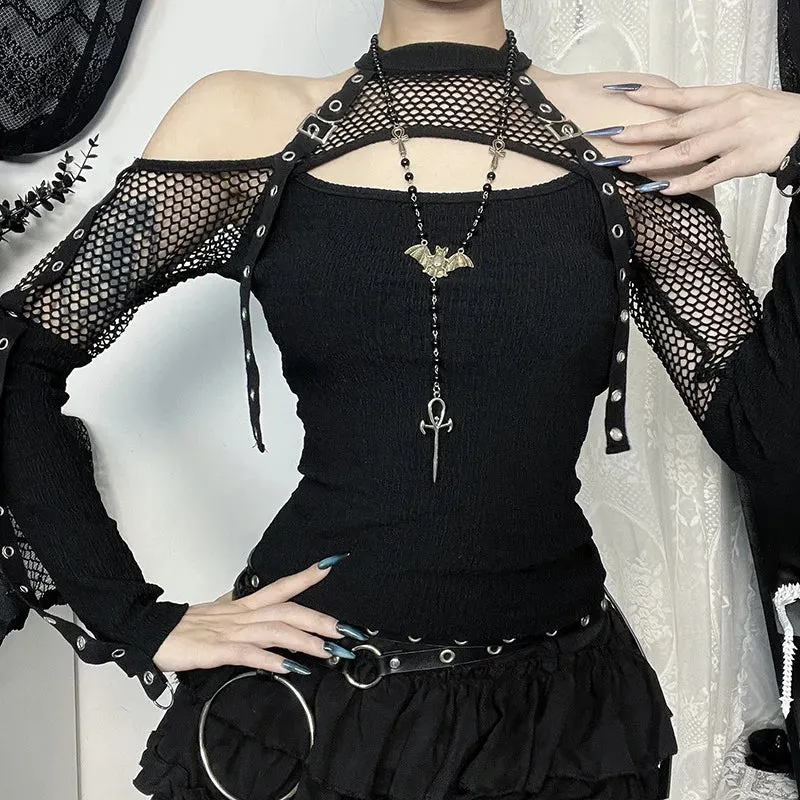 Gothic Punk Grunge Off-Shoulder Fishnet Halter Top
