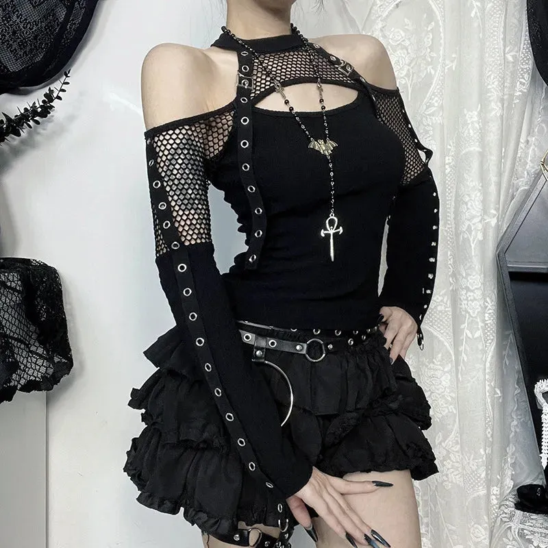 Gothic Punk Grunge Off-Shoulder Fishnet Halter Top