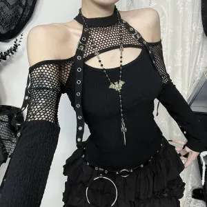 Gothic Punk Grunge Off-Shoulder Fishnet Halter Top