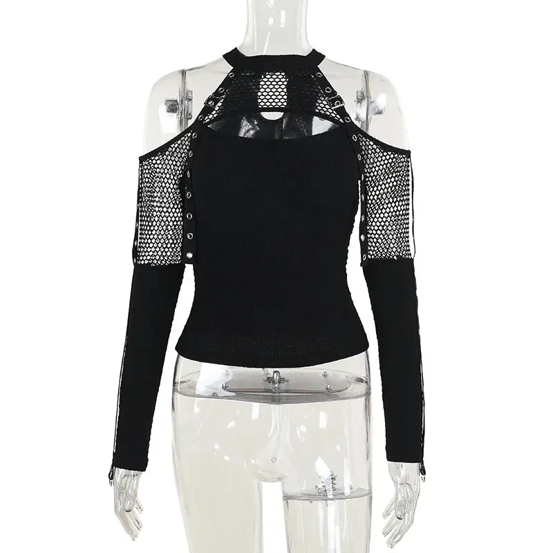 Gothic Punk Grunge Off-Shoulder Fishnet Halter Top