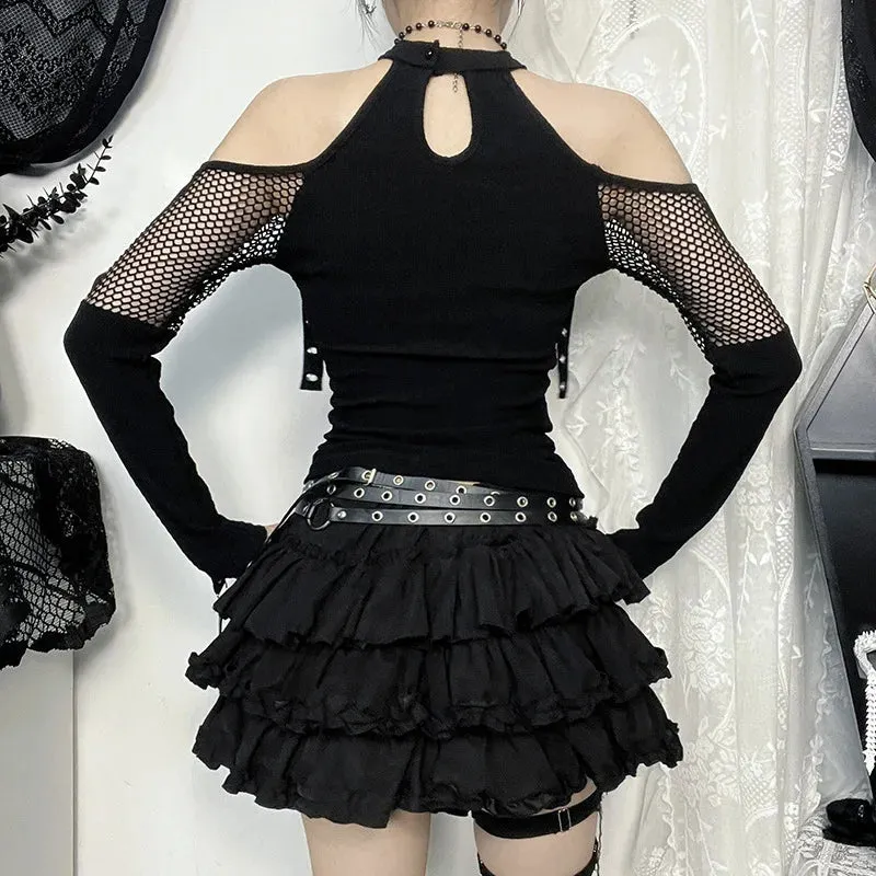 Gothic Punk Grunge Off-Shoulder Fishnet Halter Top