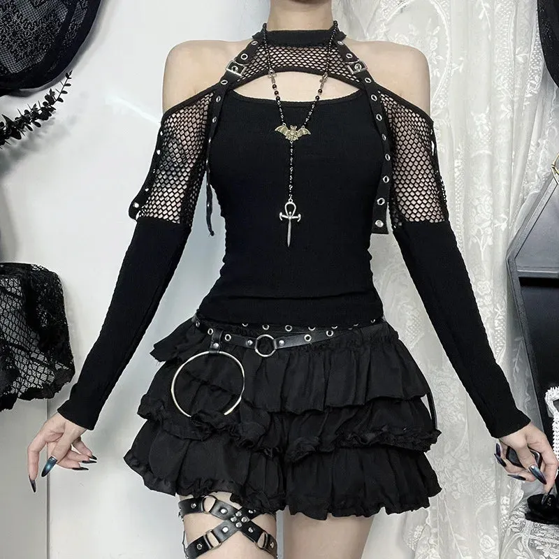 Gothic Punk Grunge Off-Shoulder Fishnet Halter Top