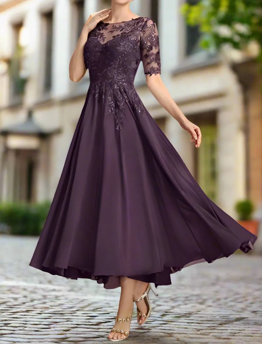 Grape Half Sleeves Mother of The Bride Dresses with Lace Appliques