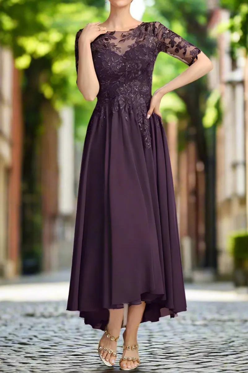 Grape Half Sleeves Mother of The Bride Dresses with Lace Appliques