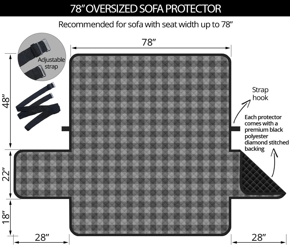 Gray Oversized Buffalo Plaid Couch Cover Sofa Protector 78" Seat Width