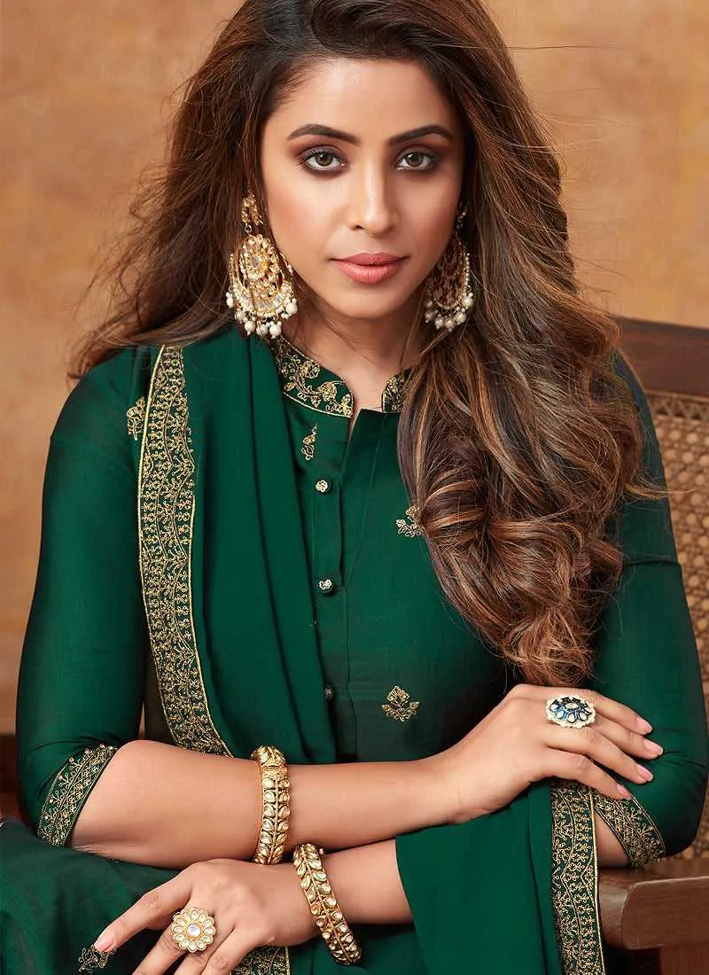 Green Embroidered Silk Palazzo Style Suit