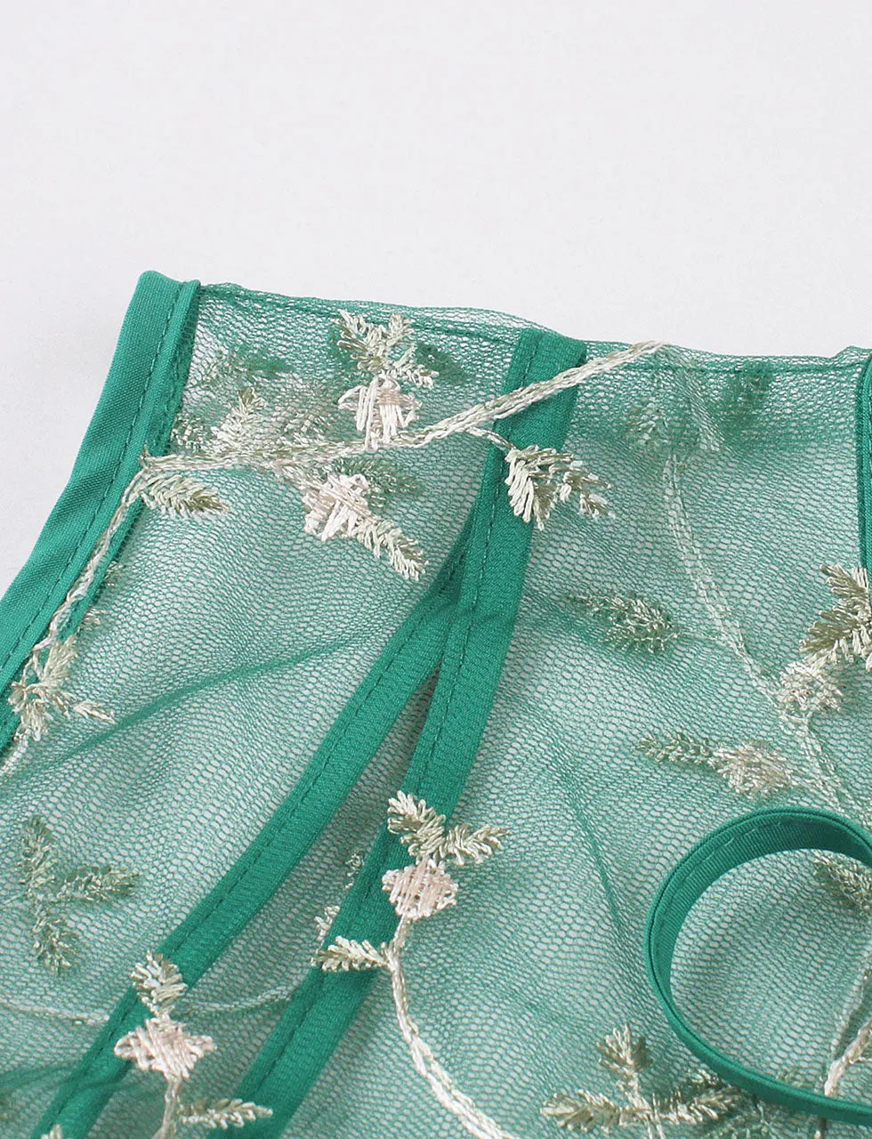 Green Leaves Embroidered 1950S Vintage Swing Dress