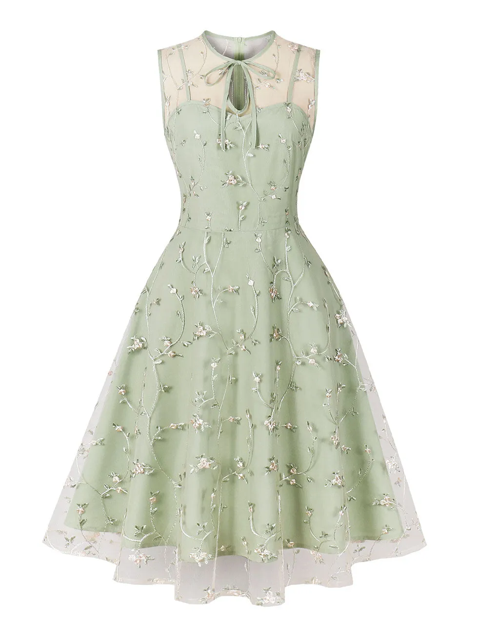 Green Leaves Embroidered 1950S Vintage Swing Dress