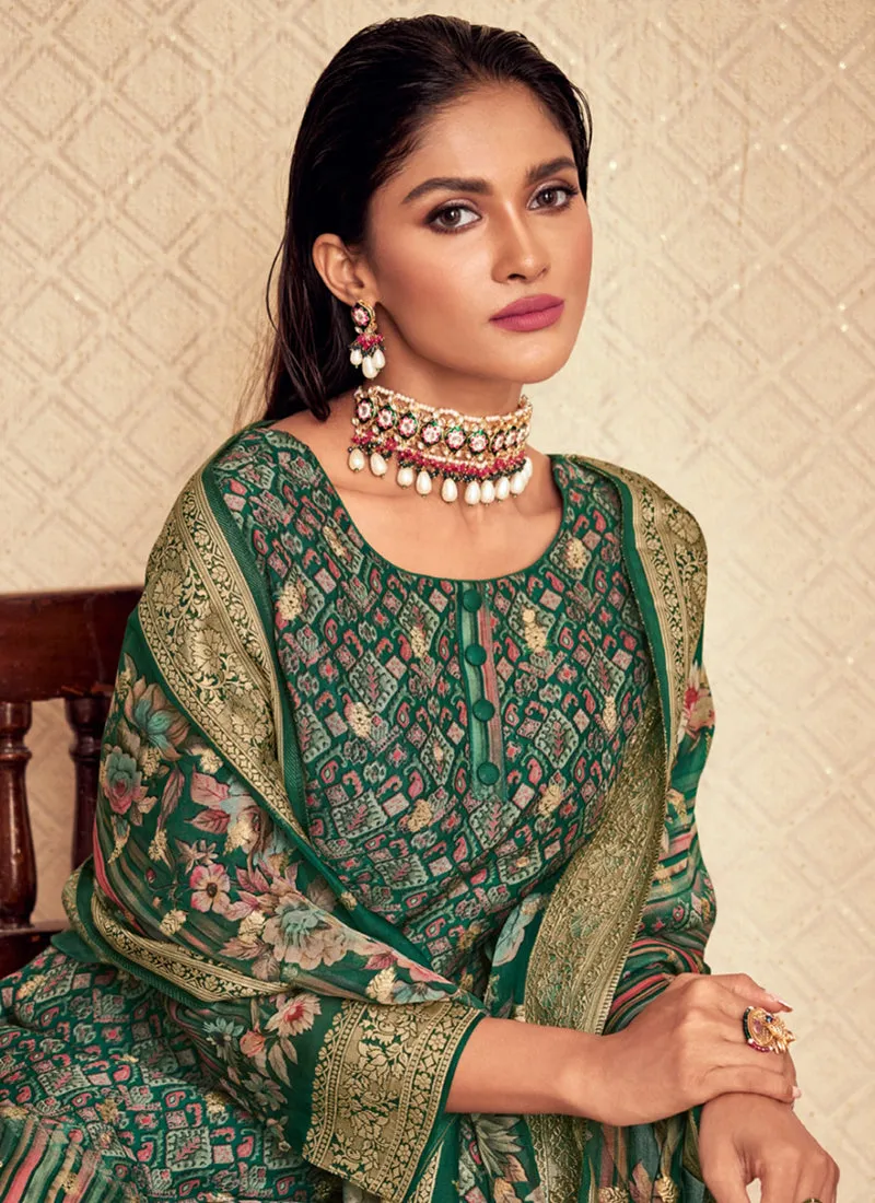Green Printed Viscose Jacquard Salwar Kameez