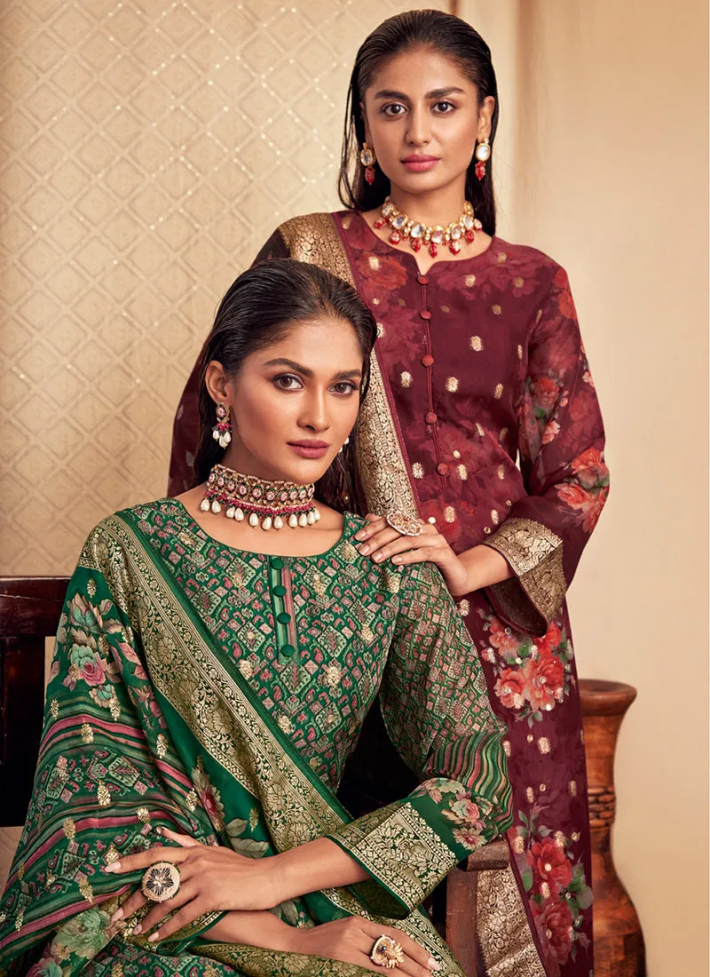 Green Printed Viscose Jacquard Salwar Kameez