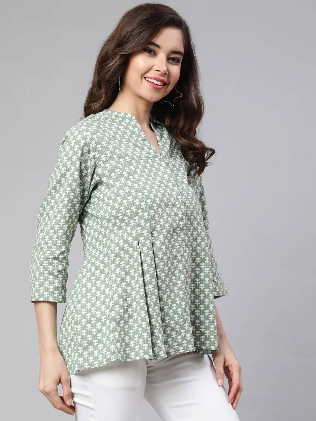 Green Woven Printed Pleated Top
