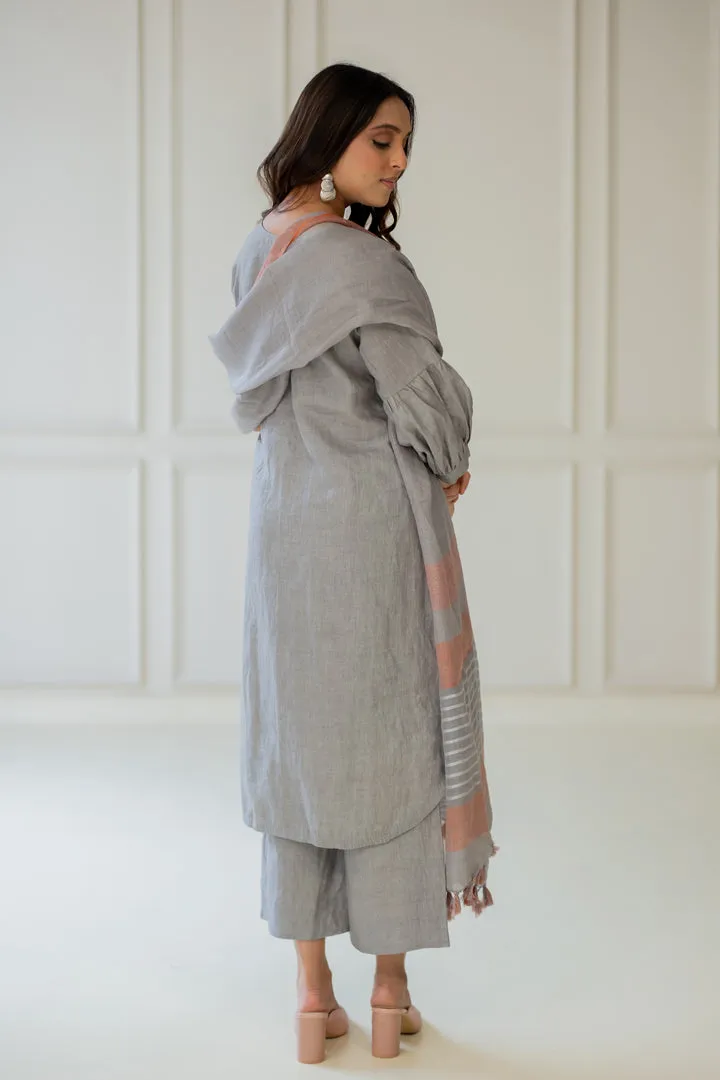 Grey Iris Linen Kurta Set with Dupatta