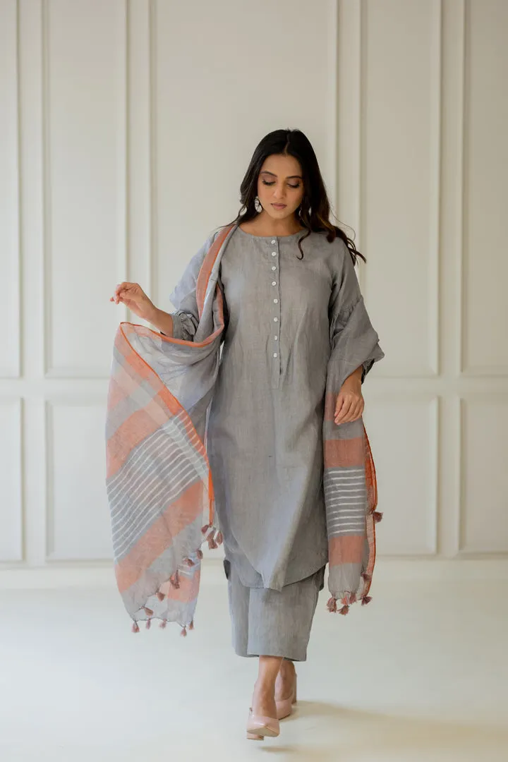 Grey Iris Linen Kurta Set with Dupatta