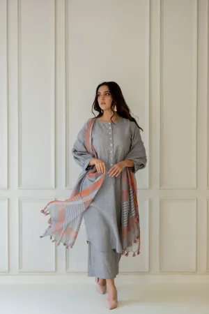 Grey Iris Linen Kurta Set with Dupatta