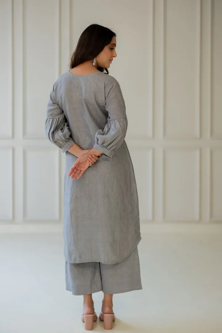 Grey Iris Linen Kurta Set with Dupatta