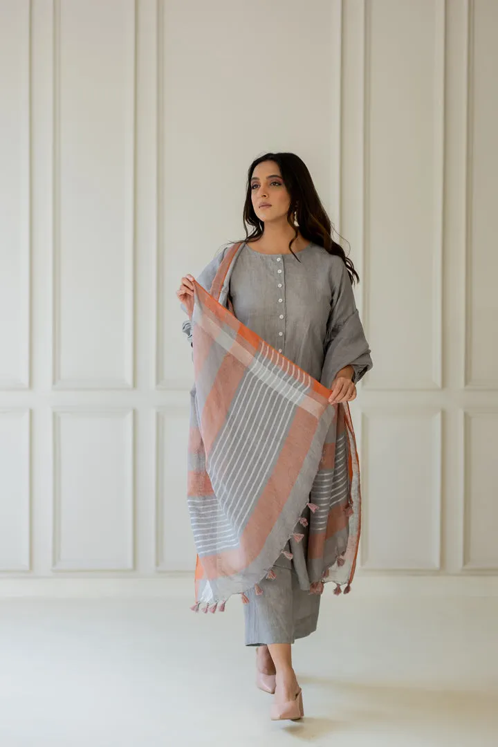 Grey Iris Linen Kurta Set with Dupatta