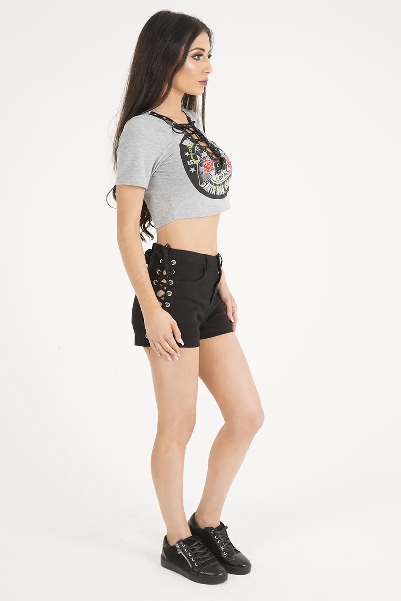 Grey Lace Up Graphic Print Crop Top - Martha