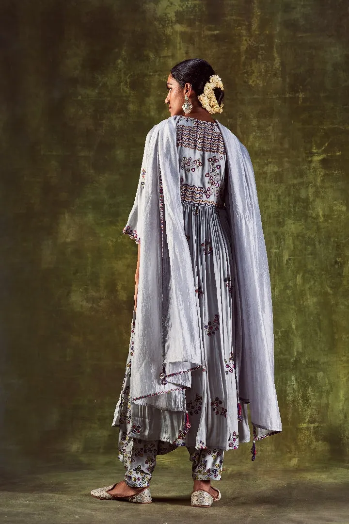 Grey Printed Front Gather Anarkali