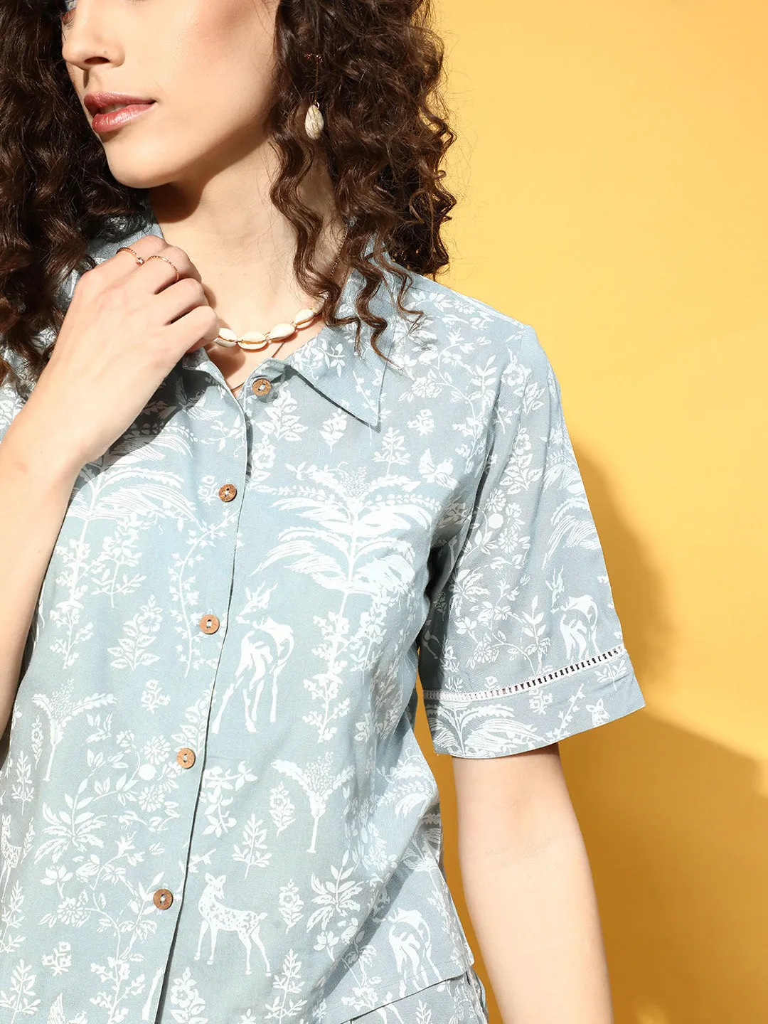 Grey Rayon Slub Quirky Printed Lace Inserted Night Suit