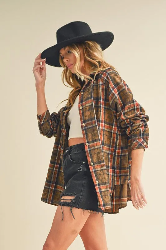 Hazel Blues® |  Aemi   Co Washed Plaid Flannel Side Step Hem Shirt