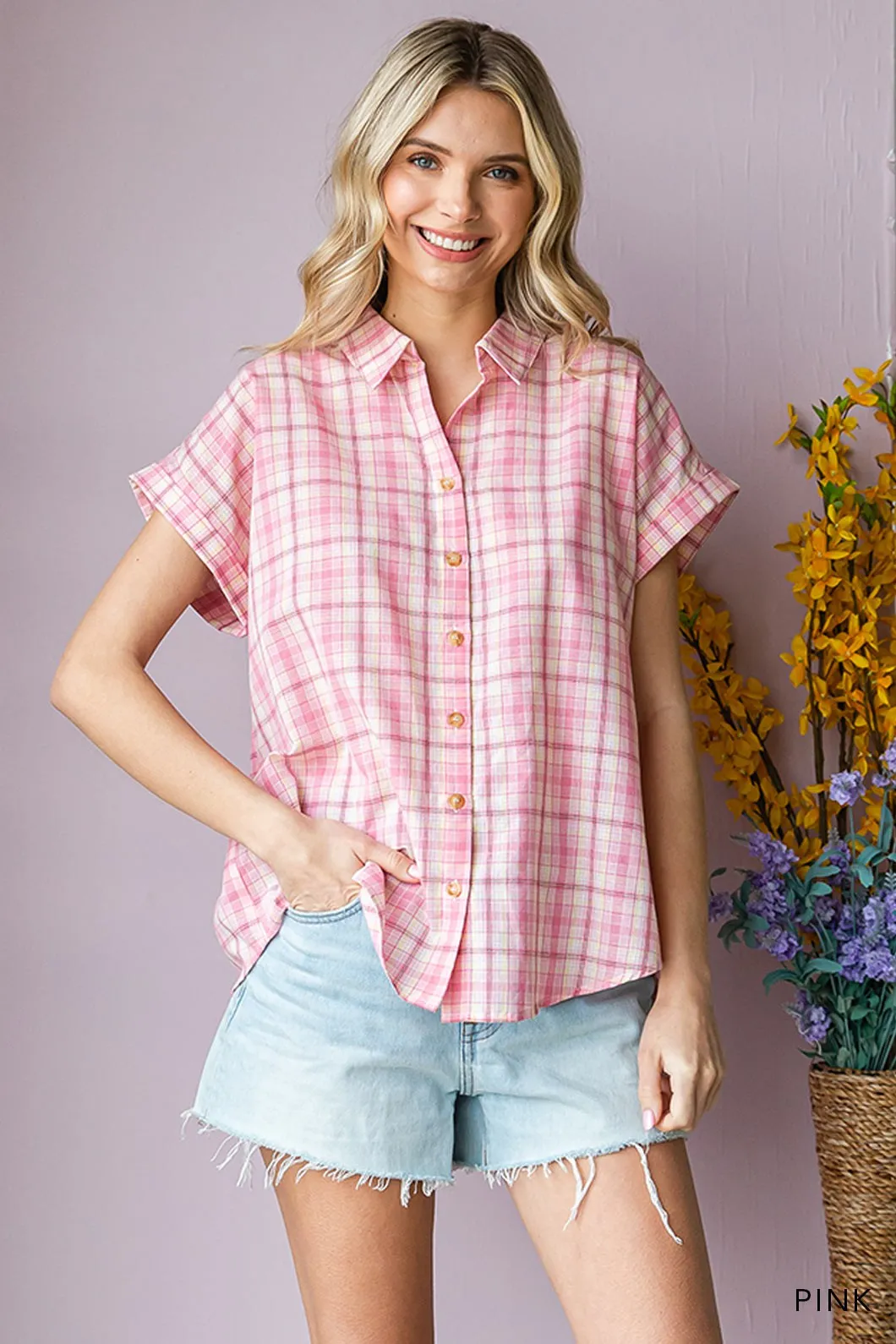 Hazel Blues® |  Cotton Bleu by Nu Lab Plaid Collared Neck Short Sleeve Shirt