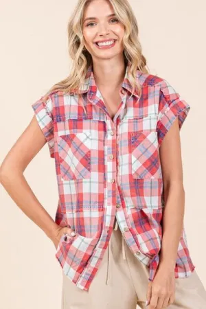 Hazel Blues® |  Mittoshop Mineral Wash Plaid Button Down Shirt