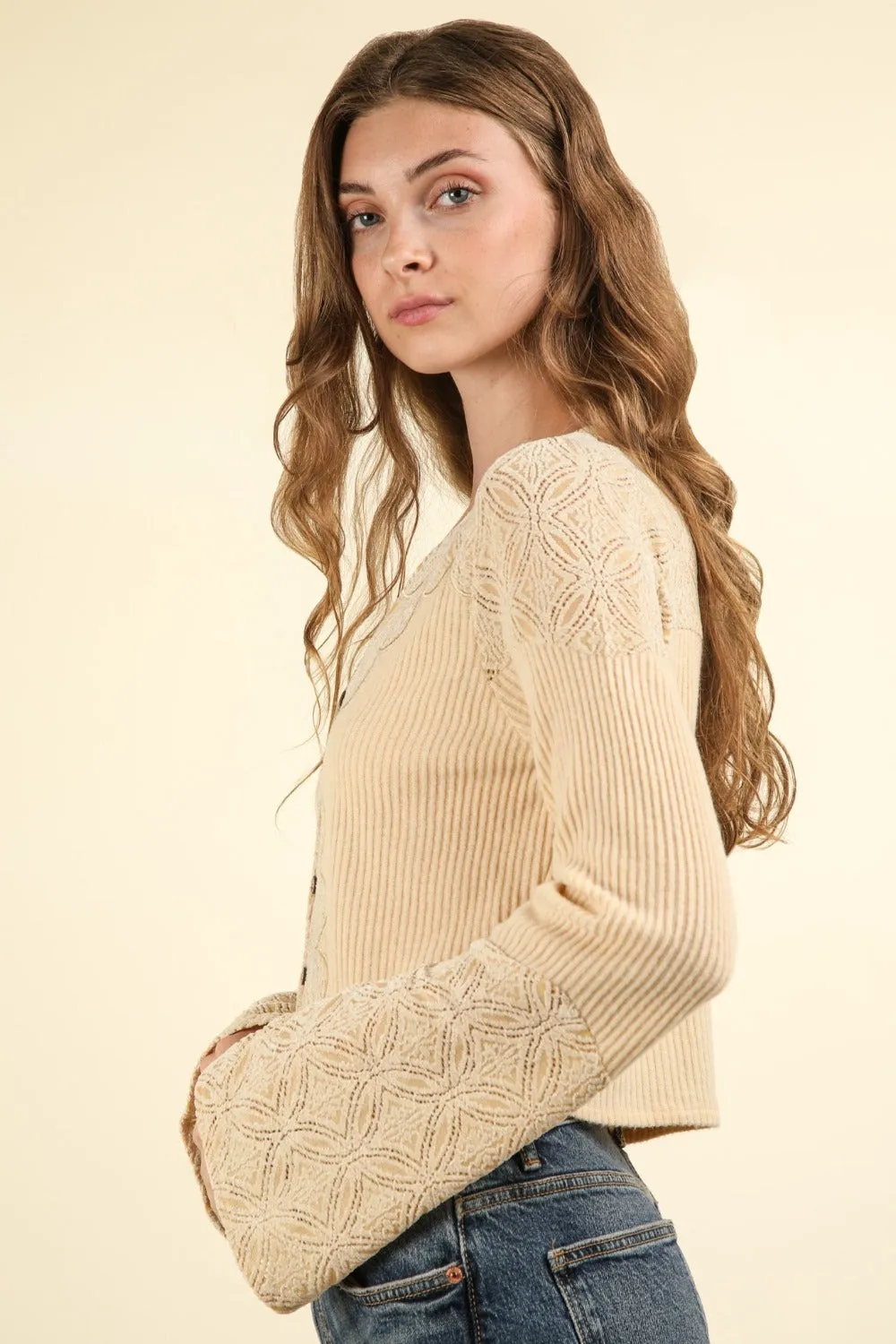 Hazel Blues® |  VERY J V-Neck Lace Detail Button Down Crop Ribbed Knit Top