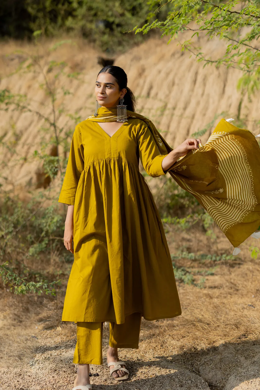 Henna Green Gathered Kurta Set with Block Printed Dupatta