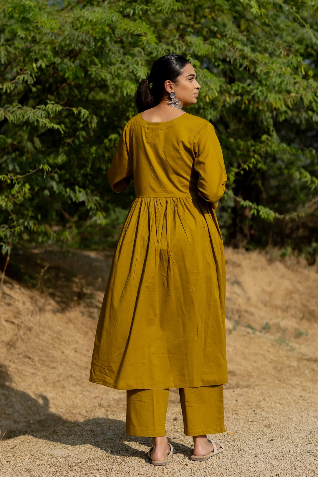 Henna Green Gathered Kurta Set with Block Printed Dupatta