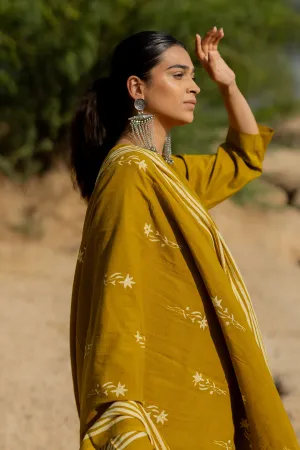 Henna Green Gathered Kurta Set with Block Printed Dupatta