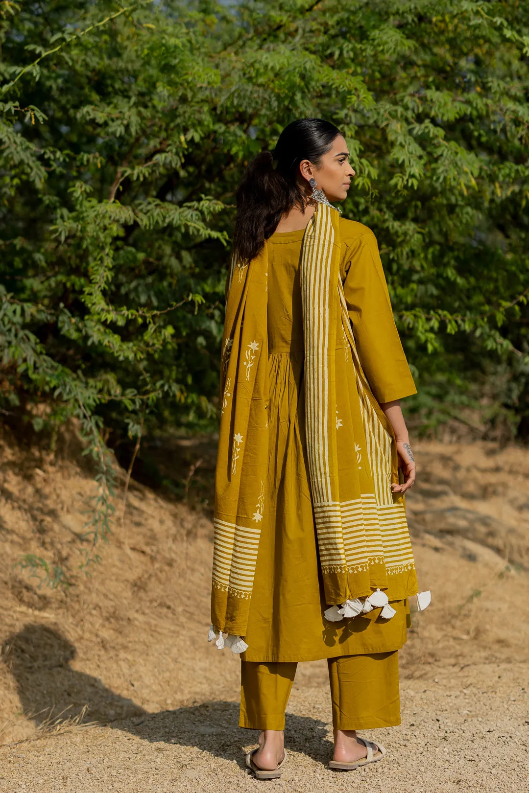 Henna Green Gathered Kurta Set with Block Printed Dupatta