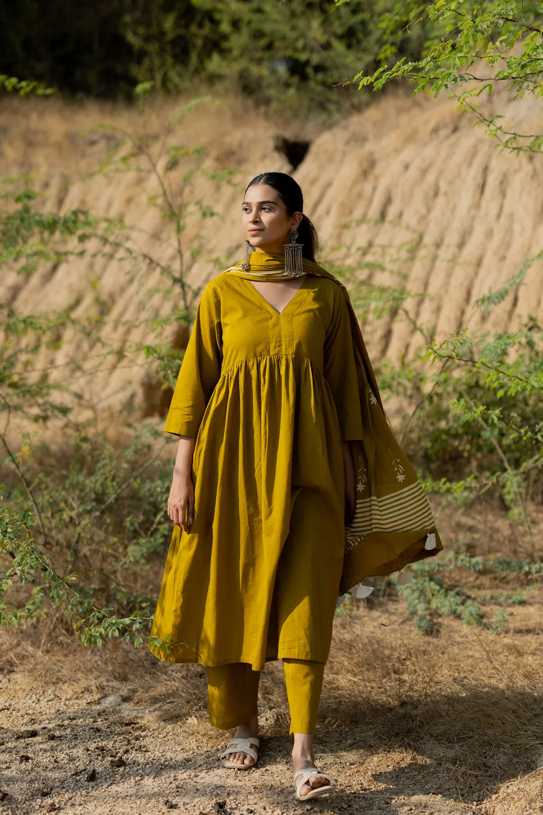 Henna Green Gathered Kurta Set with Block Printed Dupatta