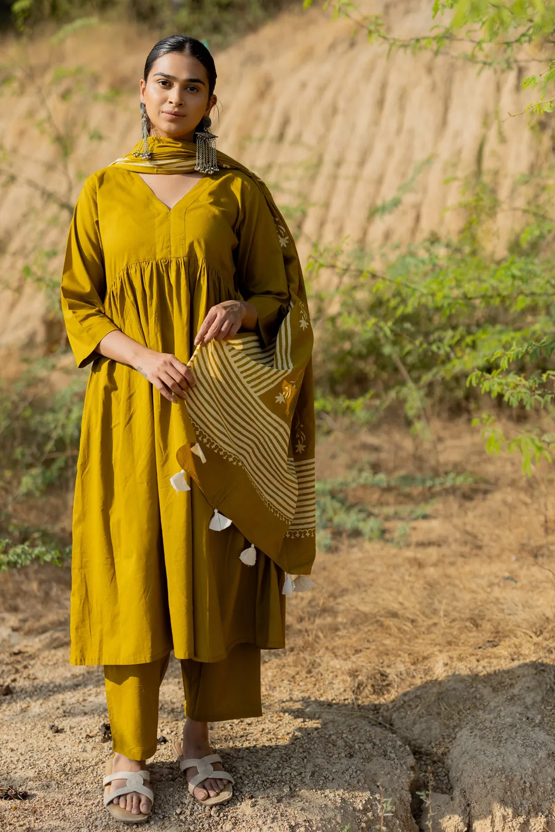 Henna Green Gathered Kurta Set with Block Printed Dupatta