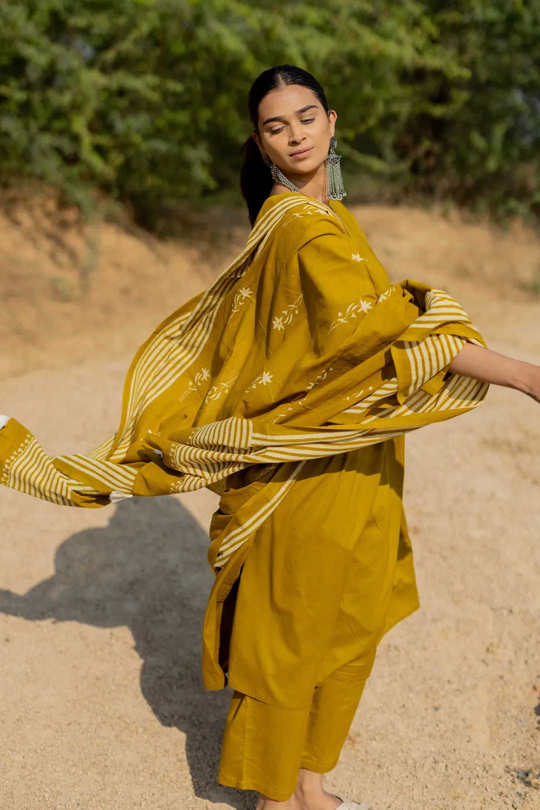 Henna Green Gathered Kurta Set with Block Printed Dupatta