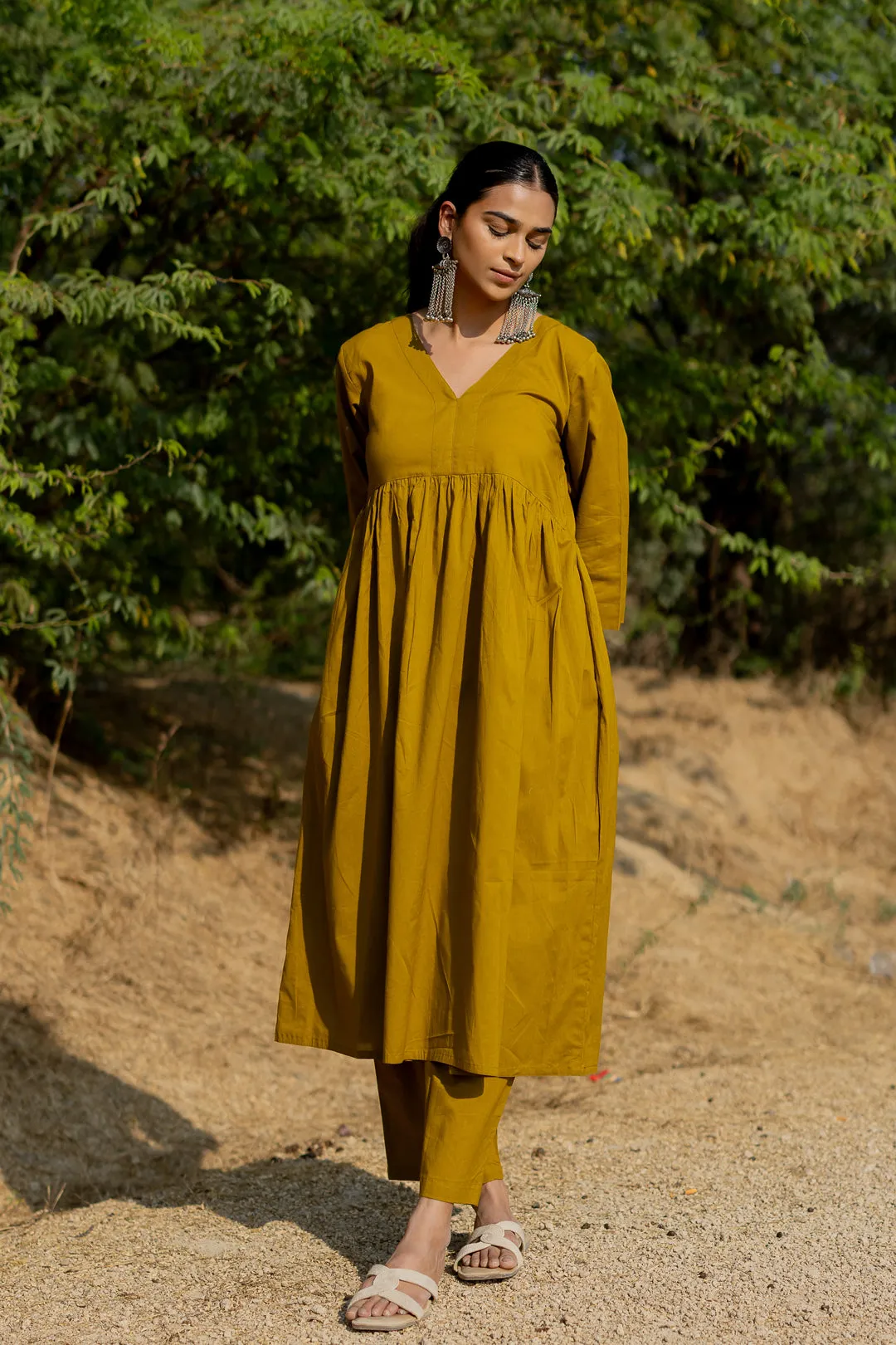 Henna Green Gathered Kurta Set with Block Printed Dupatta