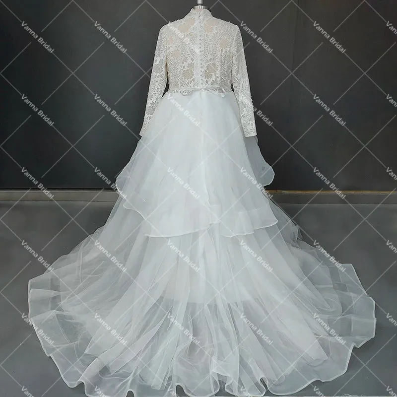 High Neck Long Sleeves Arabic Lace Wedding Dress Organza Customized Conservative Plus Size Muslim Covered Buttons Bridal Gowns