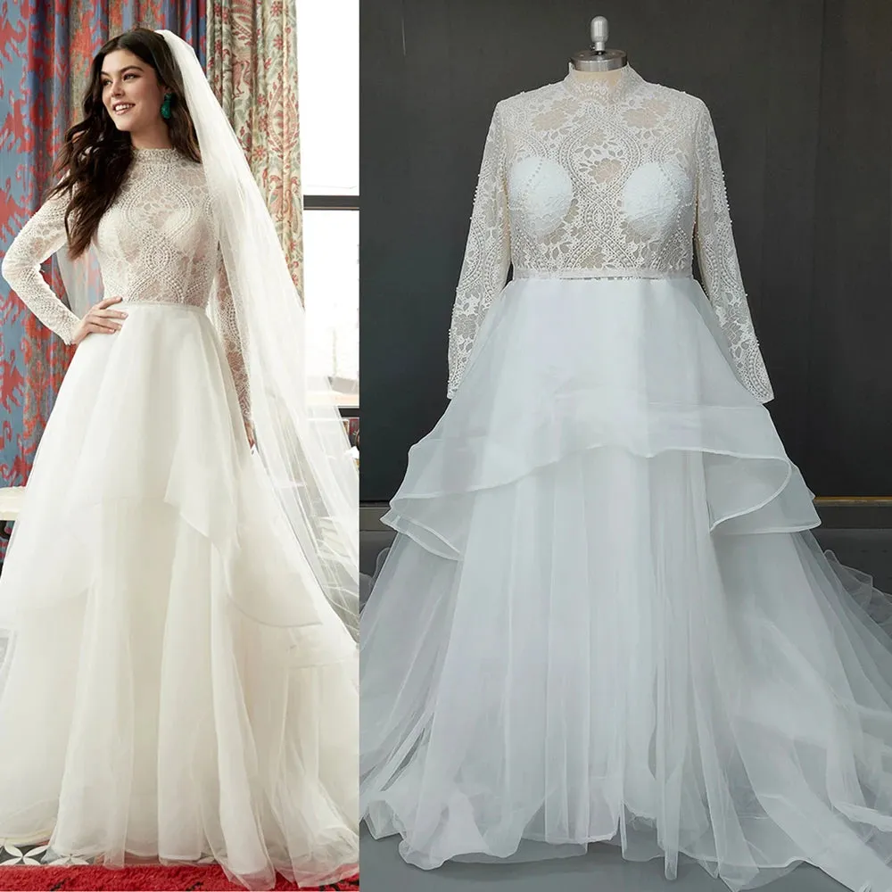 High Neck Long Sleeves Arabic Lace Wedding Dress Organza Customized Conservative Plus Size Muslim Covered Buttons Bridal Gowns