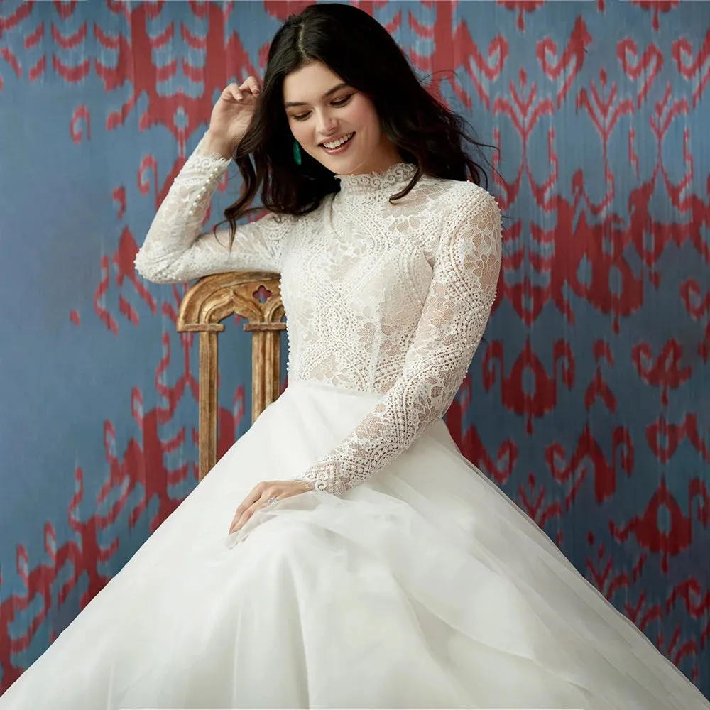 High Neck Long Sleeves Arabic Lace Wedding Dress Organza Customized Conservative Plus Size Muslim Covered Buttons Bridal Gowns