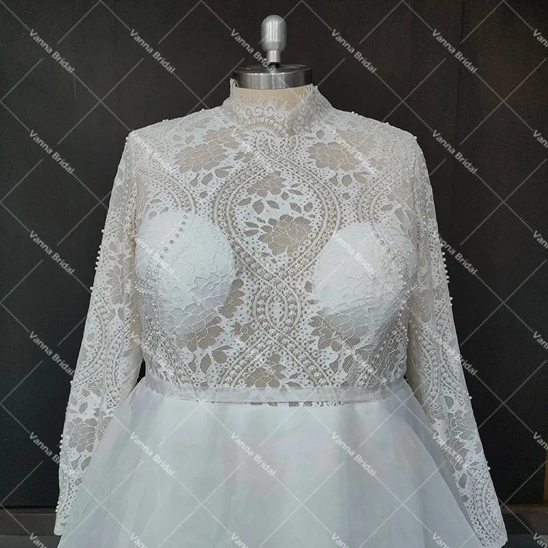 High Neck Long Sleeves Arabic Lace Wedding Dress Organza Customized Conservative Plus Size Muslim Covered Buttons Bridal Gowns
