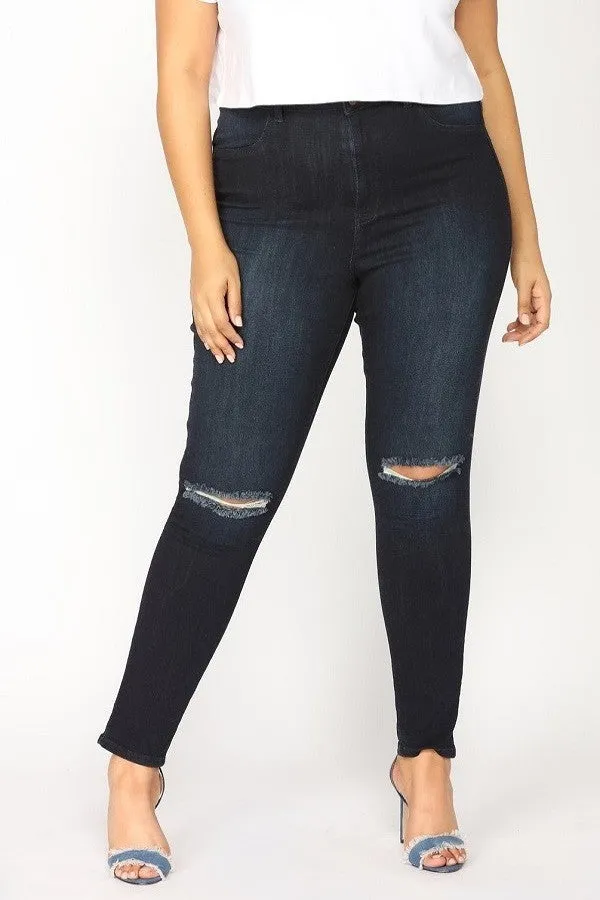 High Rise Super Soft Rayon Skinny Jeans w/ Knee Cut