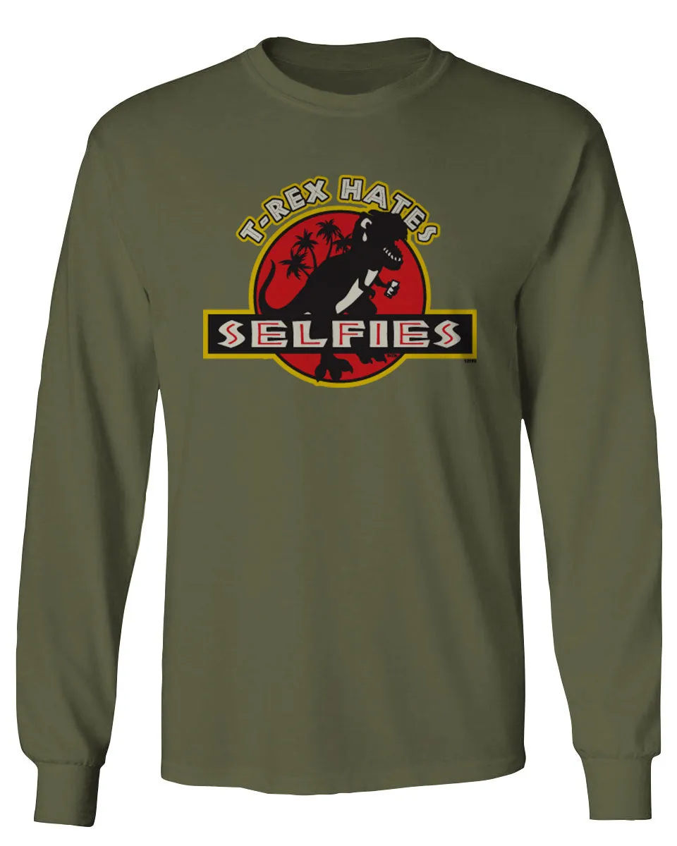 Hilarious Funny Cool Graphic T Rex Dinosaur Hates Selfies no Like mens Long sleeve t shirt