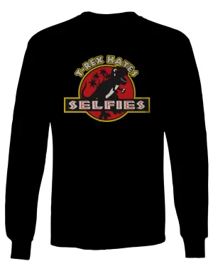 Hilarious Funny Cool Graphic T Rex Dinosaur Hates Selfies no Like mens Long sleeve t shirt