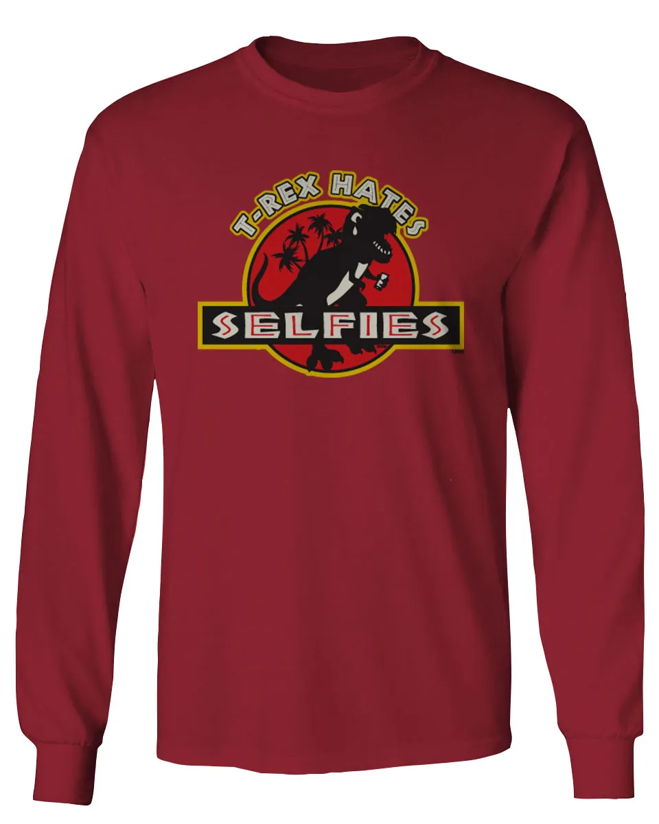 Hilarious Funny Cool Graphic T Rex Dinosaur Hates Selfies no Like mens Long sleeve t shirt